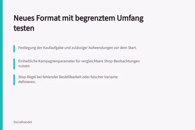 Neues Format mit begrenztem Umfang testen: Festlegung der Kaufaufgabe und zulässiger Aufwendungen vor dem Start.; Einheitliche Kampagnenparameter für vergleichbare Shop-Beobachtungen nutzen.; Stop-Regel bei fehlender Bestellbarkeit oder falscher Variante definieren. Ein neues Format mit begrenztem Umfang testen