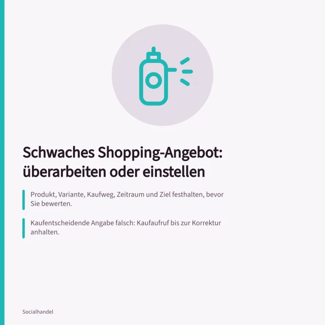 Schwaches Shopping-Angebot: überarbeiten oder einstellen: Produkt, Variante, Kaufweg, Zeitraum und Ziel festhalten, bevor Sie bewerten.; Kaufentscheidende Angabe falsch: Kaufaufruf bis zur Korrektur anhalten.; Fehlende Kosten sind unbekannt, nicht null; Umsatz vor Abzügen ist kein Gewinn. Ein schwaches Shopping-Angebot überarbeiten oder einstellen