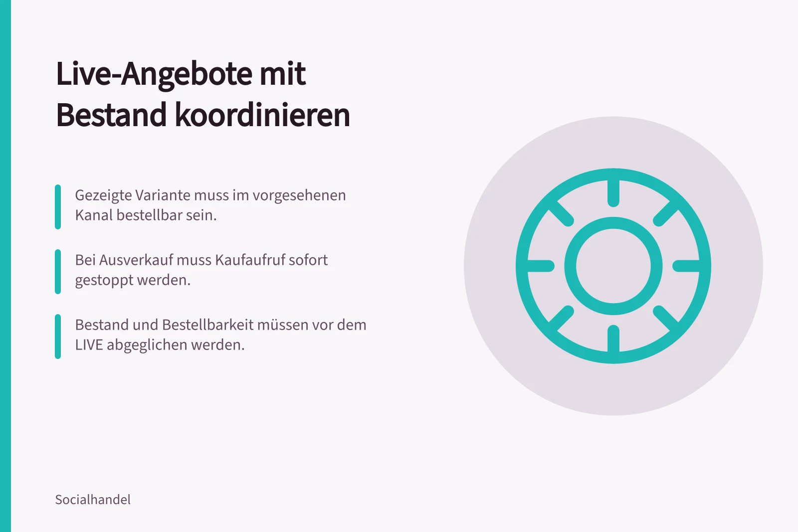 Live-Angebote mit Bestand koordinieren: Gezeigte Variante muss im vorgesehenen Kanal bestellbar sein.; Bei Ausverkauf muss Kaufaufruf sofort gestoppt werden.; Bestand und Bestellbarkeit müssen vor dem LIVE abgeglichen werden.