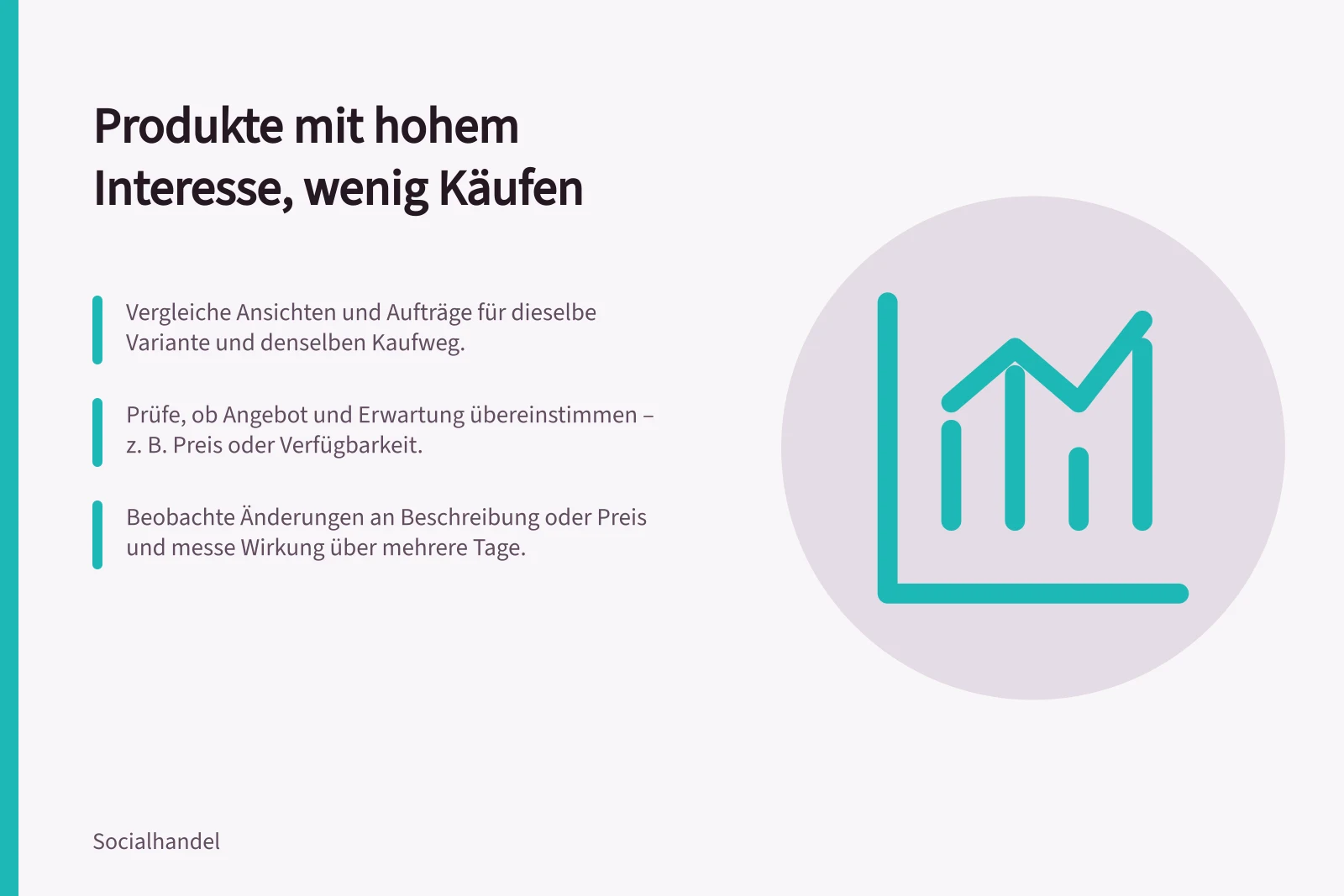Produkte mit hohem Interesse, wenig Käufen: Vergleiche Ansichten und Aufträge für dieselbe Variante und denselben Kaufweg.; Prüfe, ob Angebot und Erwartung übereinstimmen – z. B. Preis oder Verfügbarkeit.; Beobachte Änderungen an Beschreibung oder Preis und messe Wirkung über mehrere Tage.