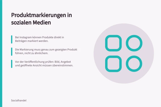 Produktmarkierungen in sozialen Medien: Bei Instagram können Produkte direkt in Beiträgen markiert werden.; Die Markierung muss genau zum gezeigten Produkt führen, nicht zu ähnlichem.; Vor der Veröffentlichung prüfen: Bild, Angebot und geöffnete Ansicht müssen übereinstimmen. Produktmarkierungen in sozialen Beiträgen