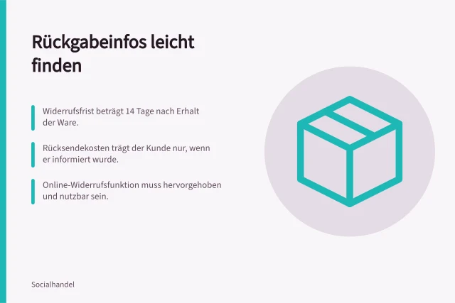 Rückgabeinfos leicht finden: Widerrufsfrist beträgt 14 Tage nach Erhalt der Ware.; Rücksendekosten trägt der Kunde nur, wenn er informiert wurde.; Online-Widerrufsfunktion muss hervorgehoben und nutzbar sein. Rückgabeinformationen leicht auffindbar machen