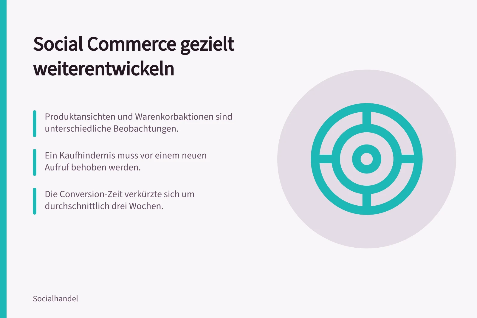 Social Commerce gezielt weiterentwickeln: Produktansichten und Warenkorbaktionen sind unterschiedliche Beobachtungen.; Ein Kaufhindernis muss vor einem neuen Aufruf behoben werden.; Die Conversion-Zeit verkürzte sich um durchschnittlich drei Wochen.